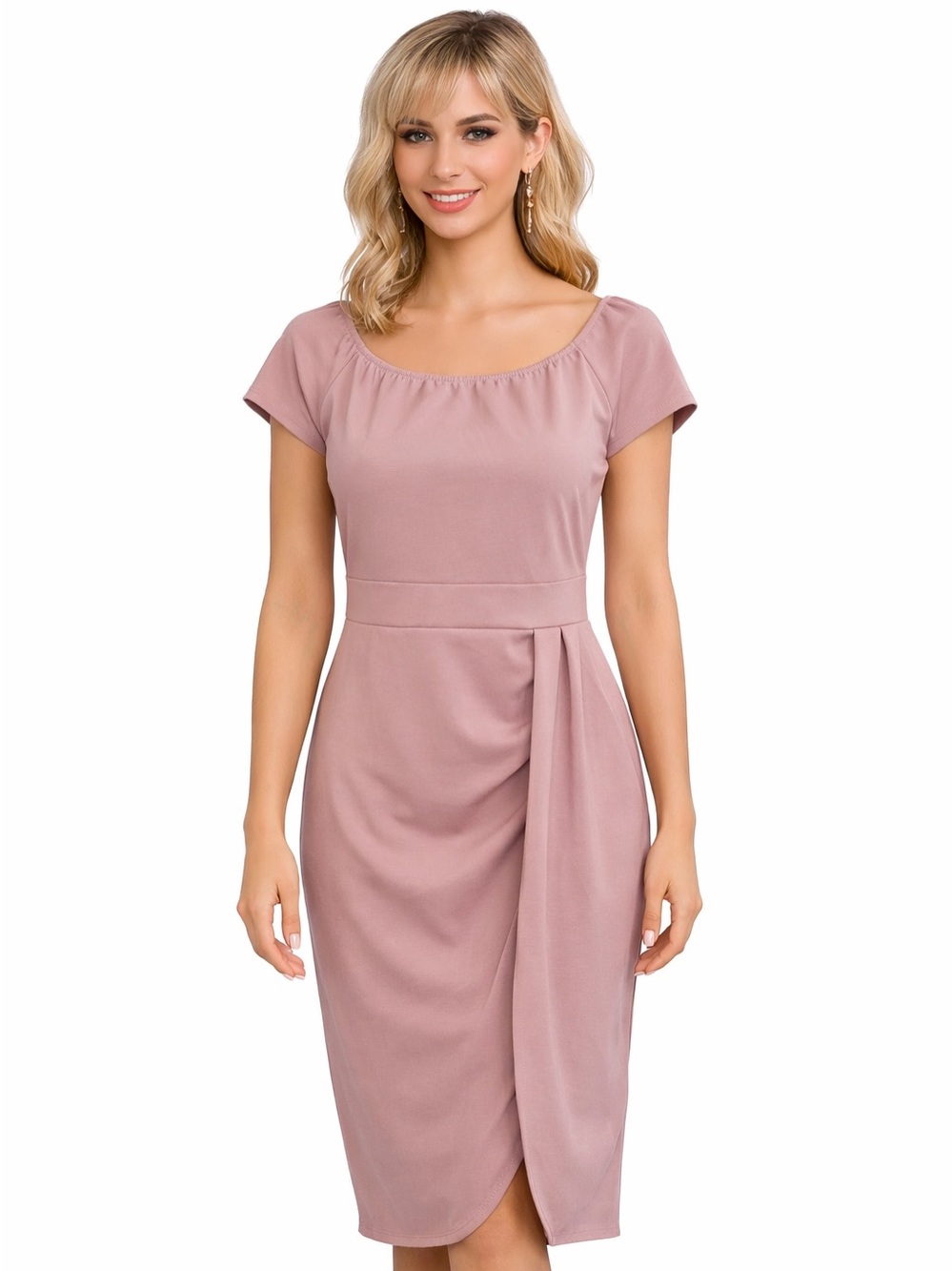 Womens Pink Midi Cap-Sleeve Pleated Draped Sheath Dress Faux Wrap no tags (Med)